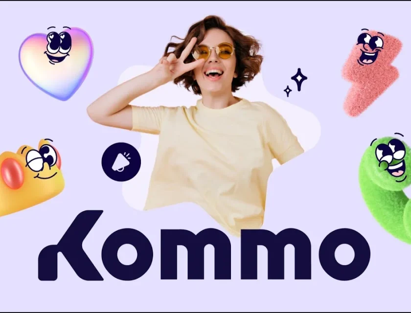 Persona alegre rodeada de emojis y logotipo Kommo.